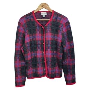 Vintage 90s Grandmacore Boiled Wool Sweater Cardigan Sz Large Red Green Holidays